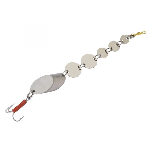 Sølvkroken Chain 250g. En fiskekrok med lokkebrikker. Sluk til pilking. Pilk som skaper lydbølger.