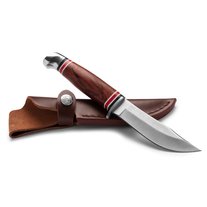 Kniv Øyo Geilo i gaveboks. Jakt og turkniv. Lærslire, fingerstopp.