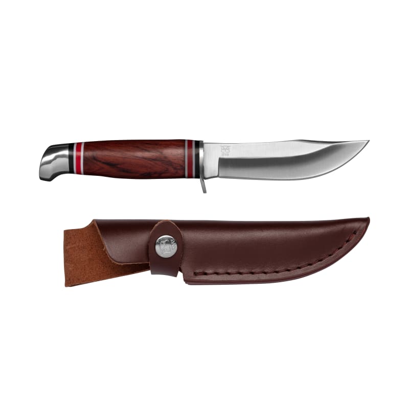 Kniv Øyo Geilo i gaveboks. Jakt og turkniv. Lærslire, fingerstopp.