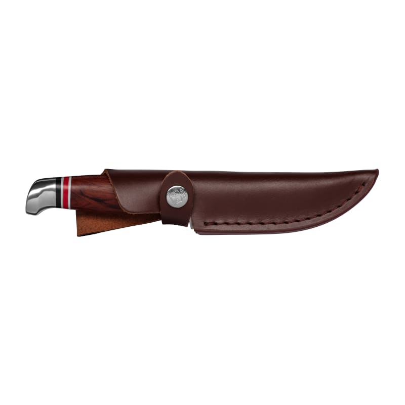Kniv Øyo Geilo i gaveboks. Jakt og turkniv. Lærslire, fingerstopp.