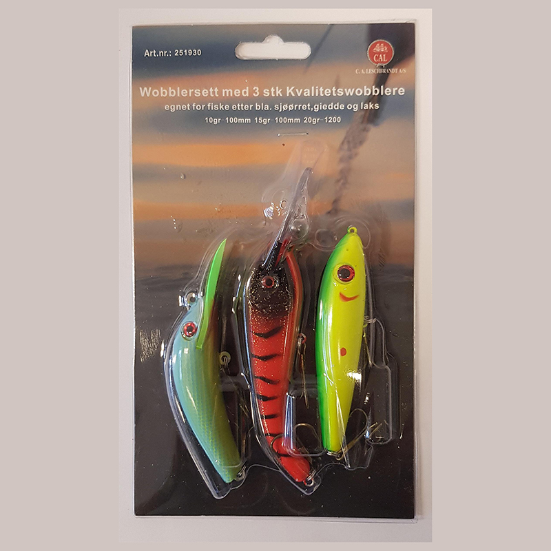 Wobblersett 3pk, Osean. Woblere med raslende kuler egnet for fiske etter sjøørret, gjedde og laks. To treblekroker på hver sluk.