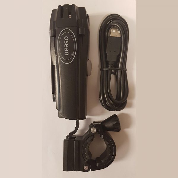 Sykkellykt med LED og oppladbart Lithium-ion batteri. USB. Inkludert sykkelfeste.