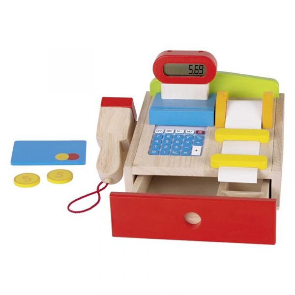 Kasse til butikkleken fra Goki. Med fungerende kalkulator. En lek og lær leke til rollespill butikk lek.