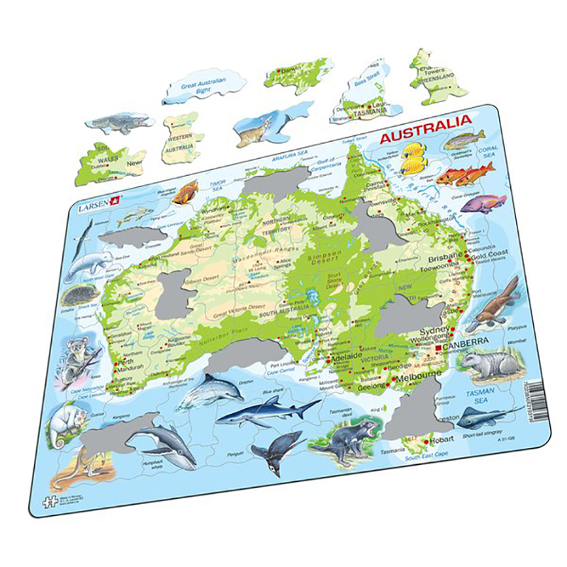 Puslespill fra Larsen puslespillfabrikk. Her kan du pusle kart over Australia med dyr.
