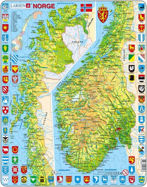 Puslespill Larsen puslespillfabrikk, med kart over Norge.