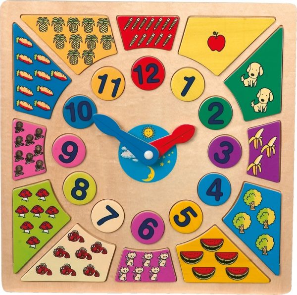Puslespill Lær Klokken. Puslespillet er i tre med mengde forklart utenfor hvert tall med frukter.