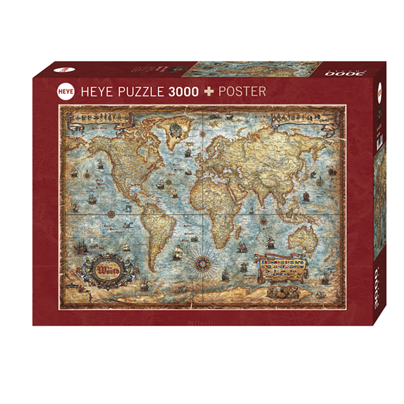 Puslespill The World 3000 biter / brikker. Spillet inneholder også en plakat / poster av samme motiv. Motivet er et antikt verdenskart med mange spennende detaljer så som gamle skuter, knuter og flagg. Pusslespill fra Heye Puzzle.