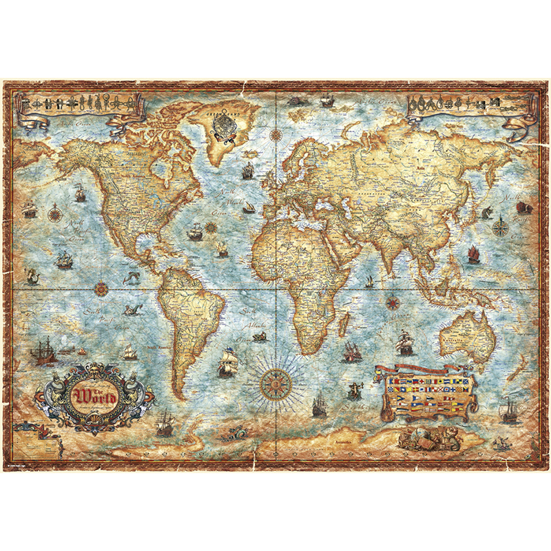 Puslespill The World 3000 biter / brikker. Spillet inneholder også en plakat / poster av samme motiv. Motivet er et antikt verdenskart med mange spennende detaljer så som gamle skuter, knuter og flagg. Pusslespill fra Heye Puzzle.