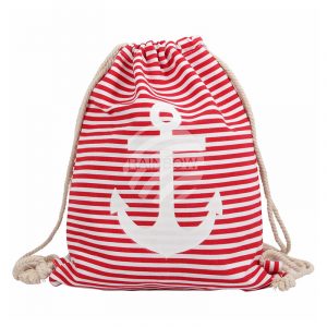 Ryggsekk-gymbag maritim Strandbag. Bag med reimer i tau. Rødstripet med anker.