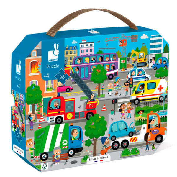 Puzzle City 36 biter. Velkommen til byen med biler og mennesker. Puslespill beregnet for de minste med store brikker.