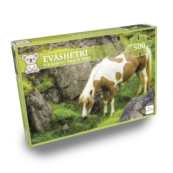 Puslespill Hest beiter 500 brikker. Pusslespill med bilda av en hest som beiter i frodig grønn ur.