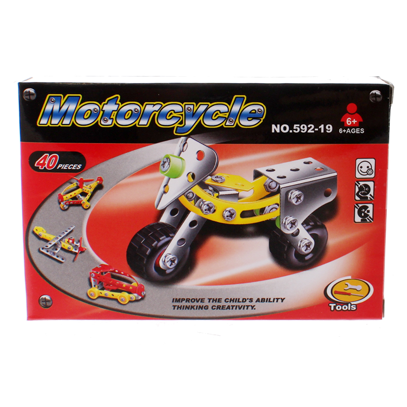 Metallbyggesett motorsykkel. Konstruksjon, bygge i metall, skru sammen. Byggesett i metall. 40 deler.