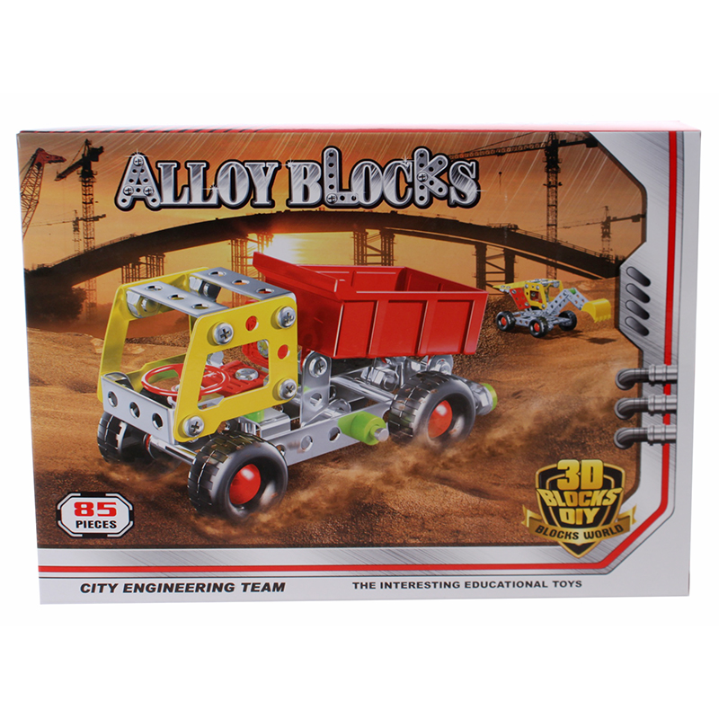 Metallbyggesett lastebil. Konstruksjon, bygge i metall, skru sammen. Byggesett i metall. 85 deler.