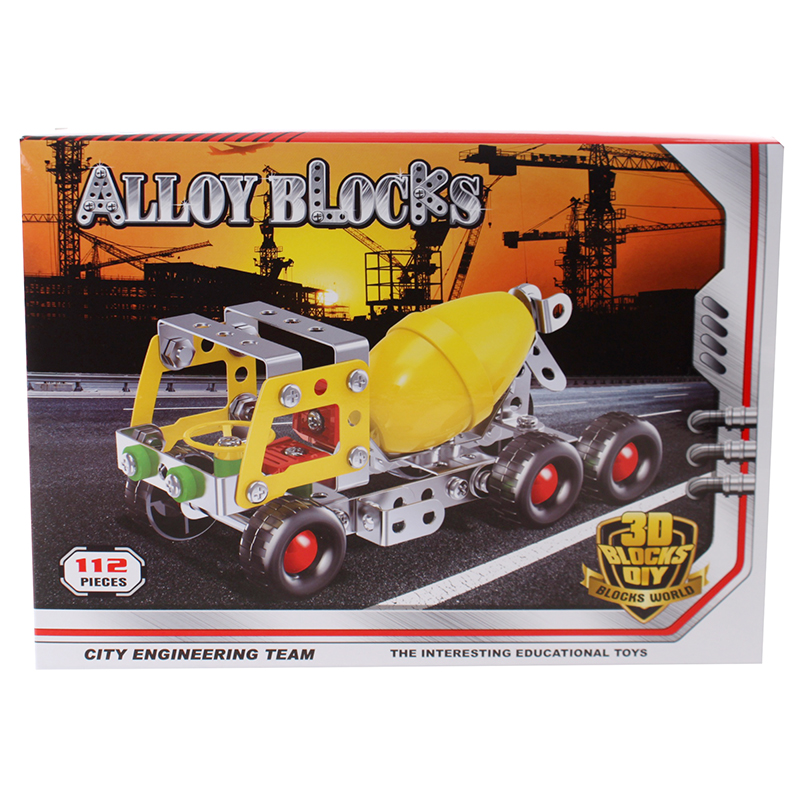 Metallbyggesett sementbil. Konstruksjon, bygge i metall, skru sammen. Byggesett i metall. 112 deler.