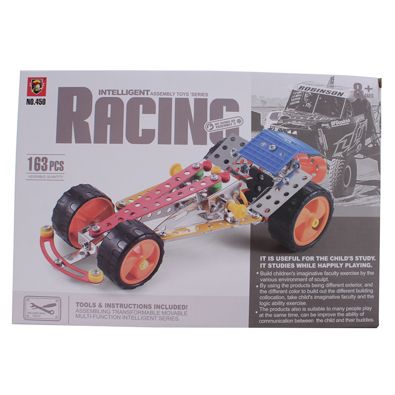 Metallbyggesett racing bil. Konstruksjon, bygge i metall, skru sammen. Byggesett i metall. 193 deler.