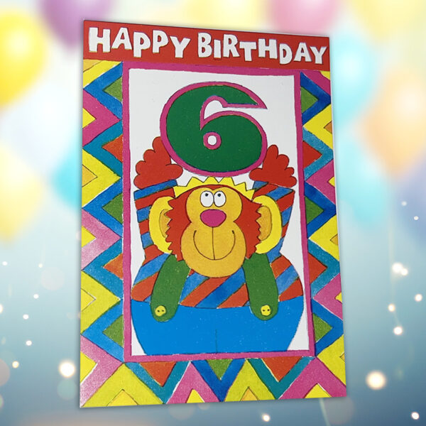 Kort Bursdag 6 år. Gebursdagskort, Aune forlag, 509048. Bursdagskort med tekst: "Happy birthday".