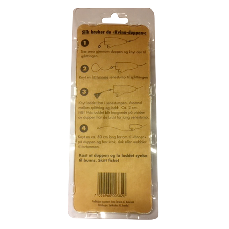 Kvina-duppen. Kvina Dupp. Fiske, fiskeutstyr. Ideell til makk og slukfiske i elv. Duppen som står stille i strømmen!