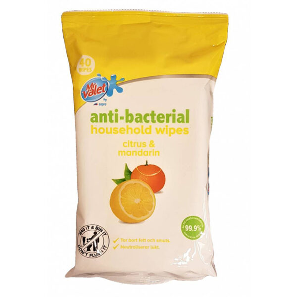 Mr valet AntiBacterial Wipes Sitron & Mandarin. Nøytraliserer lukt.