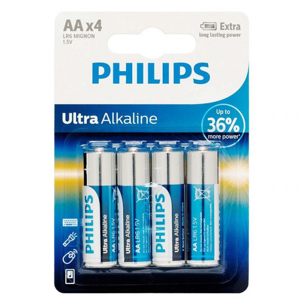 Batteri LR6/AA ultra alkaline fra Philips. 1,5V