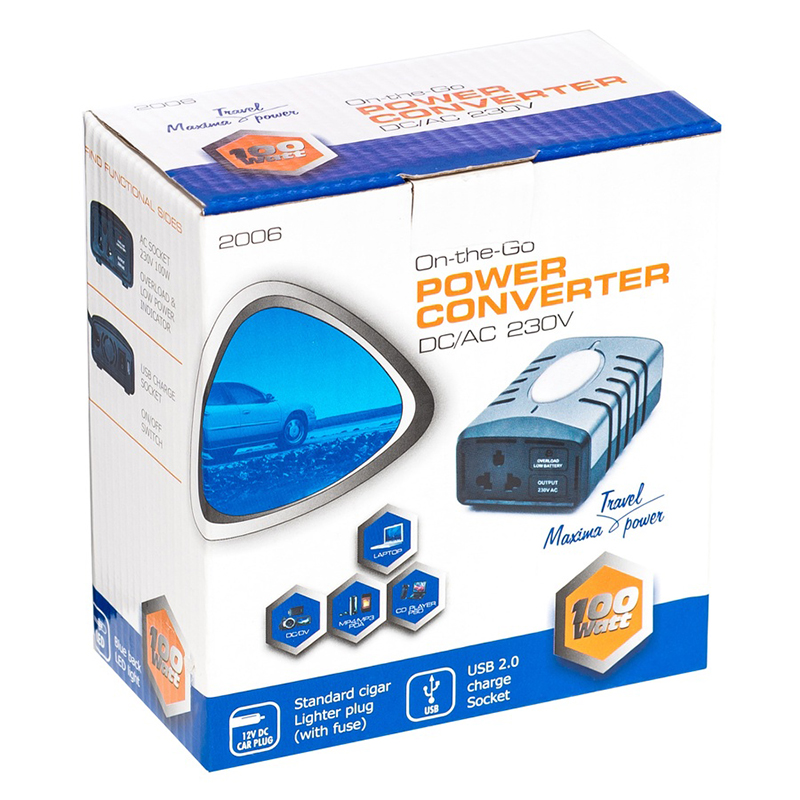 Omformer - 12V til 230V. Elektriske apparater. Power converter, 100W.