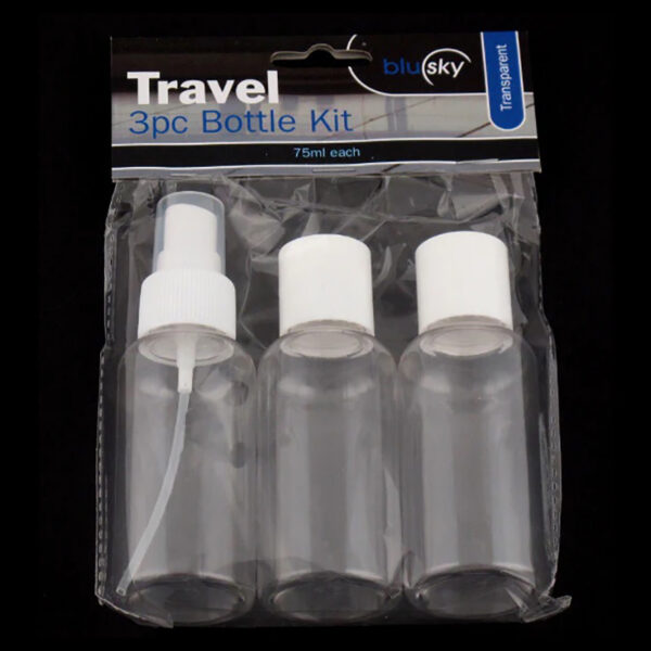 Reisesett småflasker 3 stk. 75ml. beholdere til reisen. Til håndbagasje på fly.